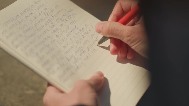 Close up of hands writing in notebook with blue ink and red pen capturing handwritten text on lined paper. scene shows focused hand movement over open book emphasizing personal note taking