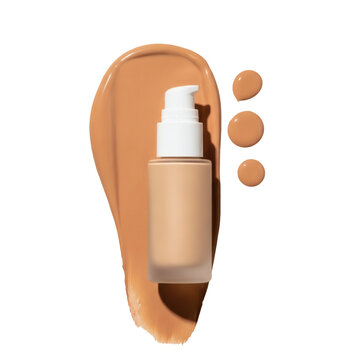 Liquid foundation makeup pump bottle with cream texture smear and drops on transparent background