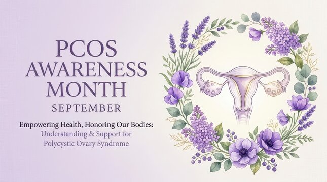 PCOS Awareness Month illustration with purple flowers