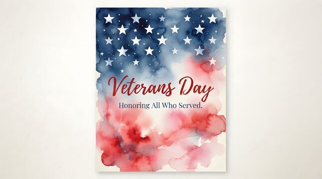 Watercolor painting of an american flag with veterans day lettering and stars