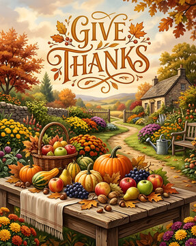 Give thanks greetings with rustic cottage garden 