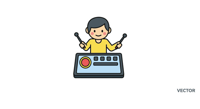 Child playing electronic drum pad with sticks, vector illustration