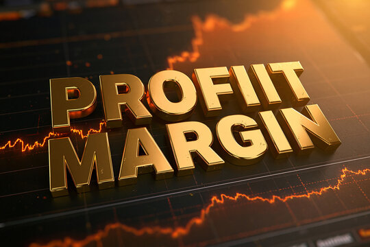Golden three-dimensional profit margin text on a dark financial stock chart background. Business concept for financial success and investment growth.