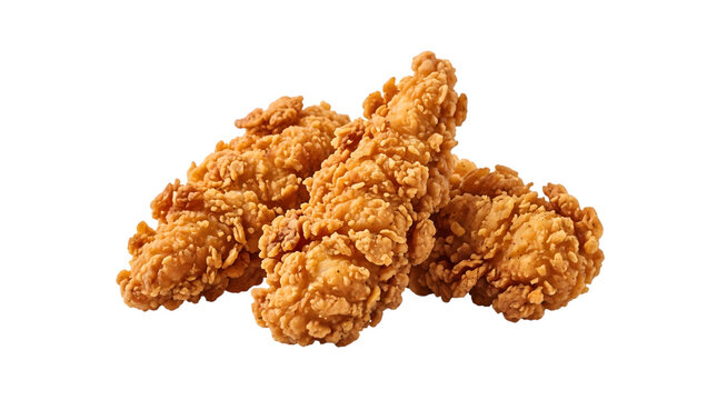 Three crispy breaded chicken tenders fried to golden perfection and presented as an isolated on transparent background
