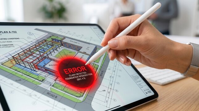 Engineer identifying site plan error on digital tablet screen
