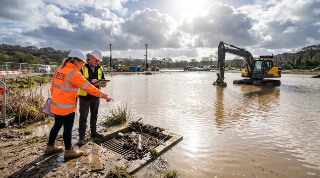 Civil engineers inspecting flooded construction site and drainage grate