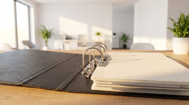 Open ring binder with blank pages on a modern office desk