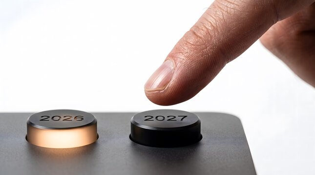 Finger pressing black button labeled with year two thousand twenty seven next to glowing illuminated button for year two thousand twenty six on control.