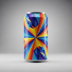 Obraz premium Futuristic beverage can with colorful geometric designs, covered in cold condensation droplets against a clean, minimalist studio background, carbonated, ice, studio