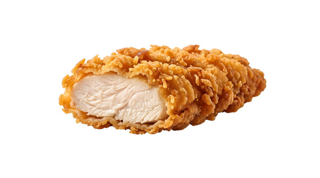A single crispy fried chicken tenderloin piece showing juicy meat texture isolated on transparent background