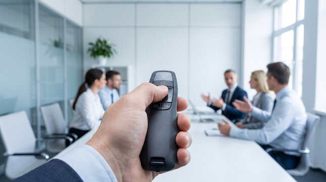 Businessman holding presentation remote clicker in corporate meeting