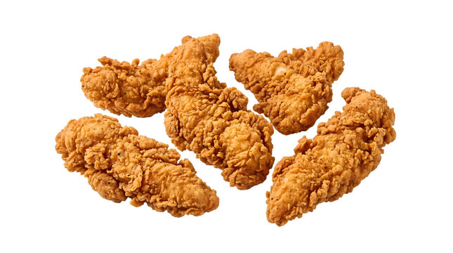 A group of crispy breaded fried chicken tenders arranged together isolated on transparent background