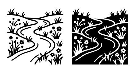 Fototapeta premium Stylized Winding Stream Vector Art, Nature Landscape Illustration, Meadow Path with Flowers, Black and White Design Elements