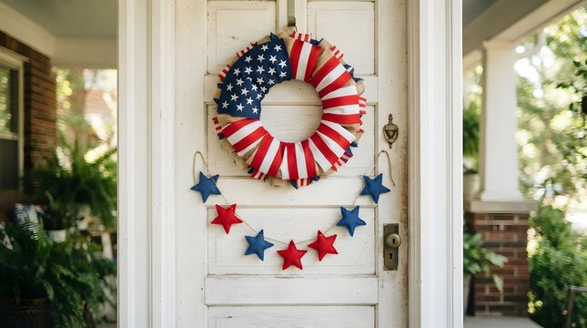 Festive patriotic wreath and star decorations adorn a welcoming front door exterior