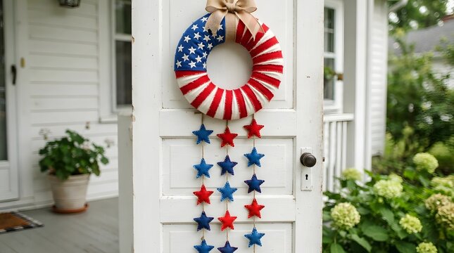 Festive patriotic wreath and star garland adorning a white front door for independence day