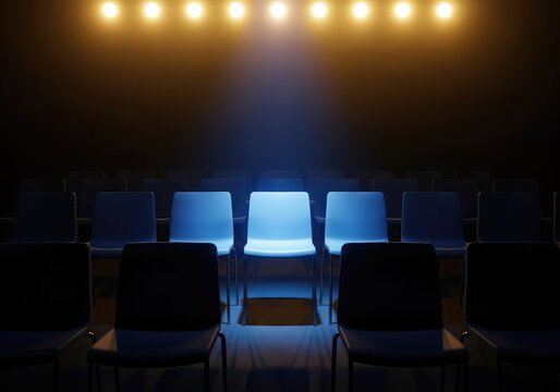 One seat is highlighted amidst rows of empty chairs, surrounded by an atmospheric blend of soft sapphire light and golden stage beams, performance, scenery, rows