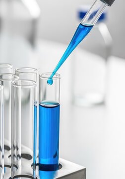 Professional laboratory setting showing a precision pipette transferring blue fluid into glass test tubes for advanced clinical analysis, medicine, healthcare, lab