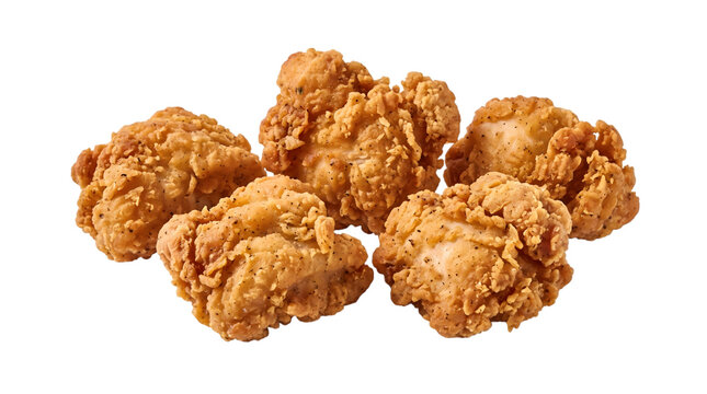 A group of crispy golden fried chicken popcorn bites isolated on transparent background