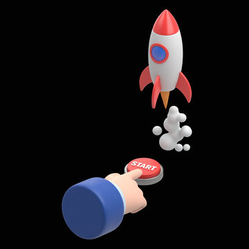 Flat 3d isometric businessman hand presses start button to launches a space rocket.Business start up concept.3D rendering on black Screen for footage and clipping path.