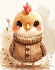 Obraz premium A cute baby chick with big eyes wears a cozy knitted sweater, standing among delicate plants in a soft, pastel watercolor style.