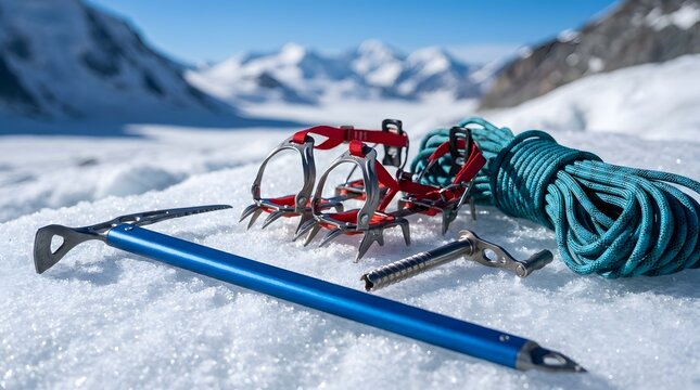 Ice climbing tools rope and crampons on snow