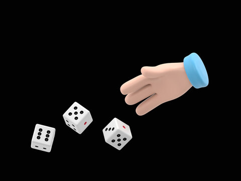 Man throws dice.Template for gambling.Throwing dice.Red dice on the table.Man avid person.Gambler concept.Playing in hand.3D rendering on black Screen for footage and clipping path.