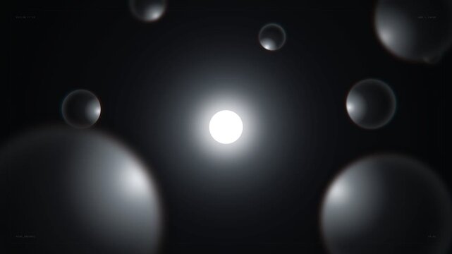 Floating dark spheres hover gracefully around a central luminous light source within a mysterious cosmic space filled with depth and dramatic shadows for an immersive visual experience