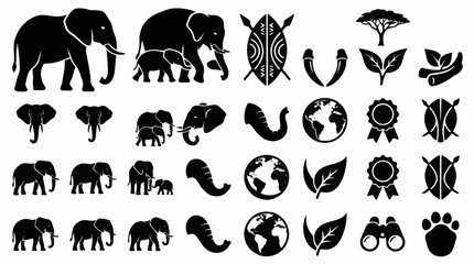 Fototapeta premium World Elephant Day Solid Glyph Vector Icon Set Collection