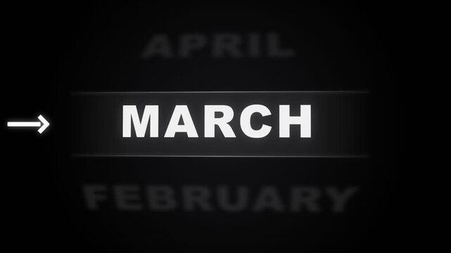 A digital calendar interface highlights the third month of the year with an arrow indicator pointing toward the highlighted text representing spring time transition in a dark visual presentation
