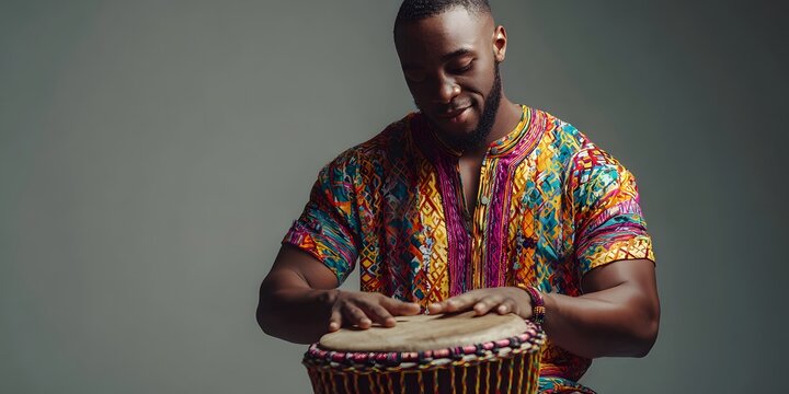 The joyful musician plays a djembe drum while wearing a colorful dashiki shirt against a grey background.