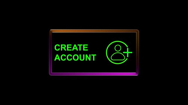 Create Account Button with User and Plus Symbol Glowing with Green and Orange Neon Light on a Black Background Representing Digital Registration and New User.