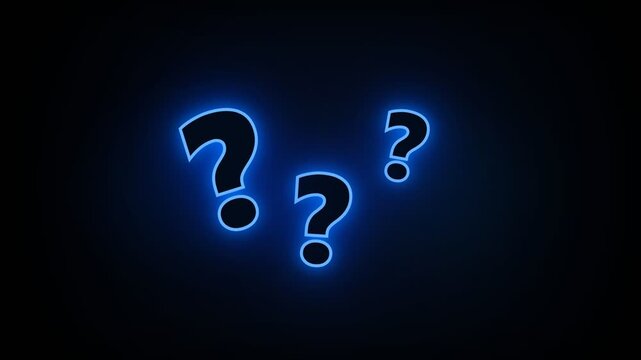 Glowing blue question marks shine brightly in the dark night, representing confusion, curiosity, and mystery during problem-solving sessions where people seek answers to difficult questions