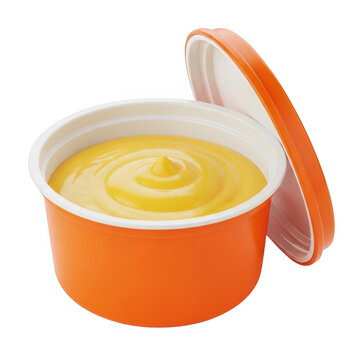 Small orange plastic container with fresh yellow pudding or creamy custard isolated on transparent background