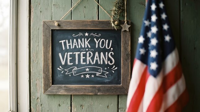 Rustic chalkboard sign reading thank you veterans with an american flag nearby