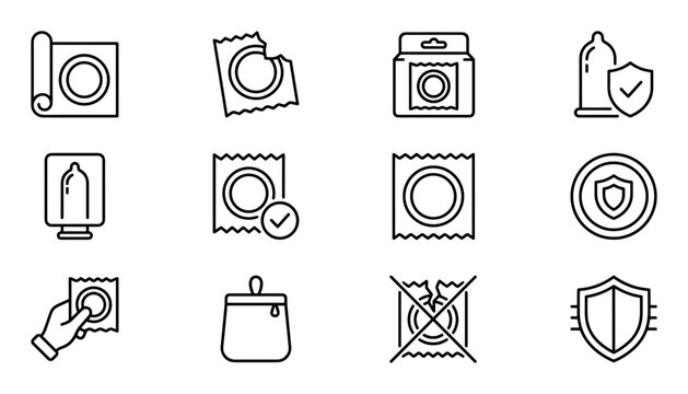 Set of contraceptive condom icons in outline style representing safety, health, protection and birth control