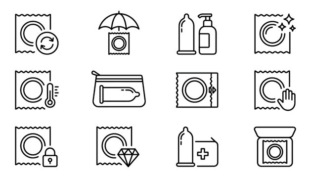 Set of contraceptive condom outline vector icons for safe sex, protection, and reproductive health