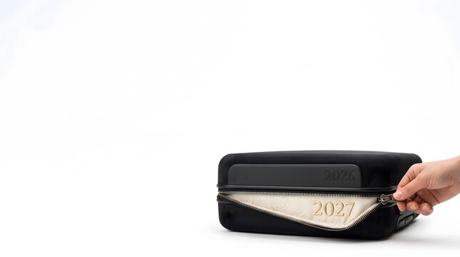 Hand unzipping suitcase revealing 2027 inside with 2026 on exterior symbolizing future travel plans and new beginnings.
