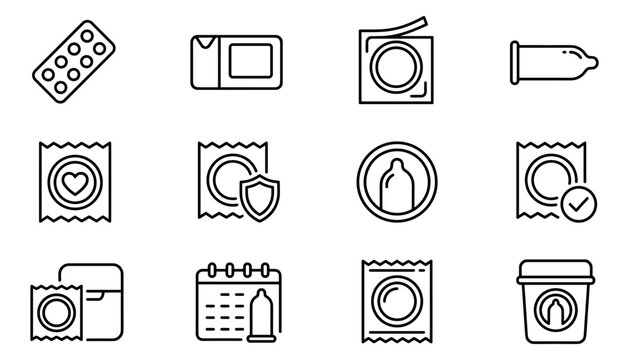 Set of contraceptive and safe sex outline vector icons depicting condoms, birth control, and protection