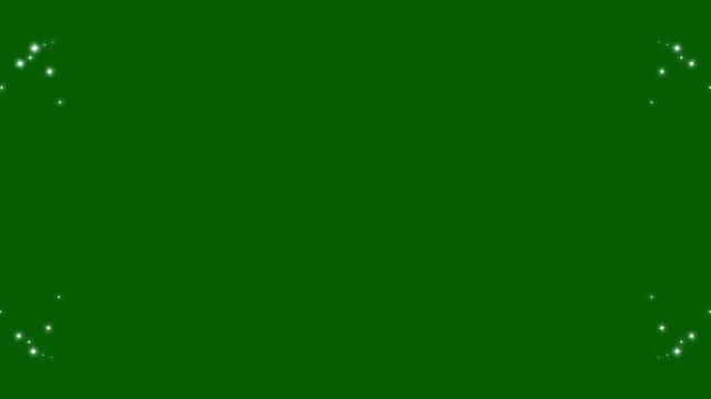 Rectangular frame with shimmering white star particles glittering in 4 corners on green background, elegant glitter trail border effect, and magical white glitter trail sparkles animation.4k video