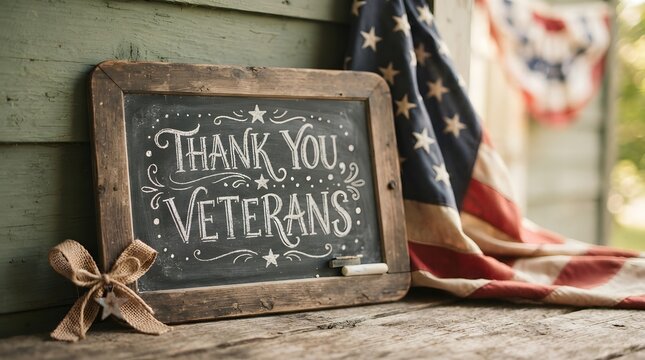 Thank you veterans message on a chalkboard with an american flag nearby