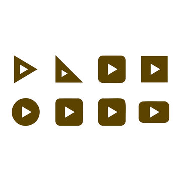 Collection of brown play button media player icons and shapes with illustration, triangle