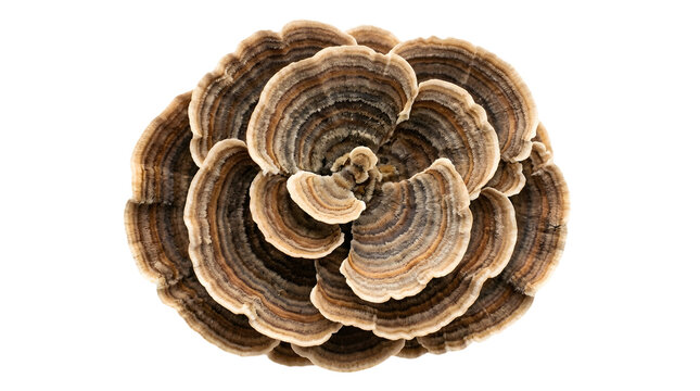 Turkey tail mushroom, trametes versicolor, medicinal fungus with concentric color zones, isolated on transparent background