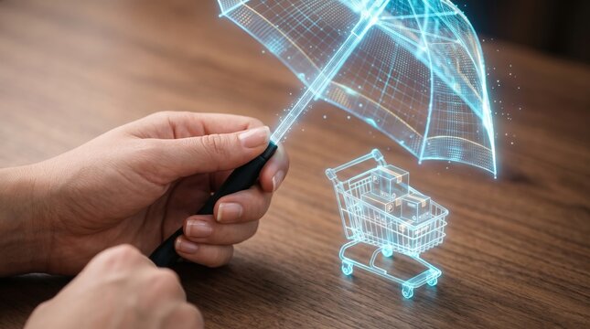 Digital umbrella protects shopping cart with boxes, representing online retail security