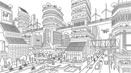 Obraz premium Futuristic gravity defying city line art coloring page