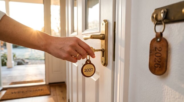 Hand holding 2027 keychain using key to unlock front door with welcome mat signifying new year entry home purchase or exciting venture ahead.