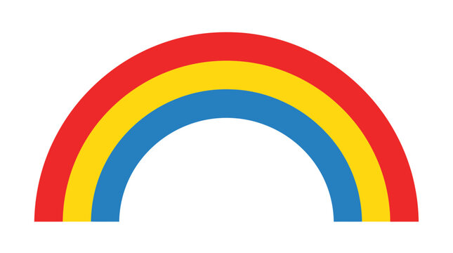 Minimalist vector rainbow illustration with red yellow and blue curved stripes for graphic design