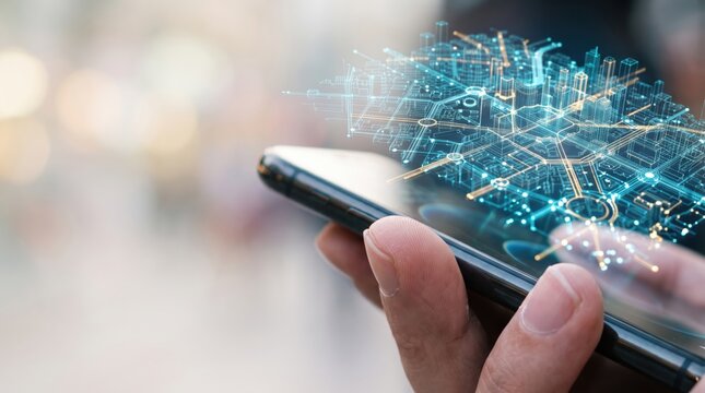 Smartphone displaying futuristic holographic city map with glowing digital connections