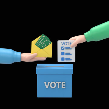 3D hand putting voting paper in ballot box.Elections, voting, going to vote, citizen participation in voting concept.3D rendering on black Screen for footage and clipping path.