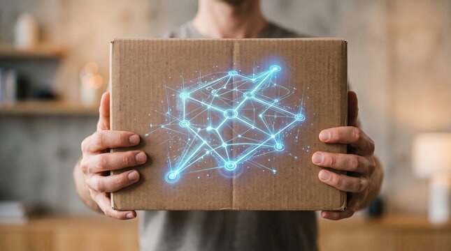 Man holding a cardboard box with a glowing digital network overlay