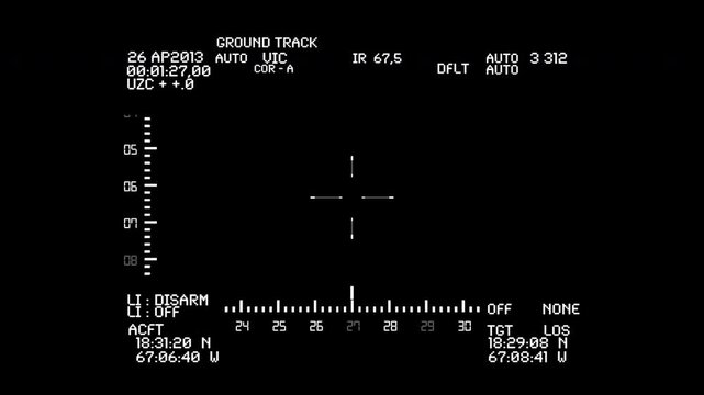 A military targeting HUD interface inspired by combat helicopter optics displaying telemetry, ground tracking data, and system status indicators.
